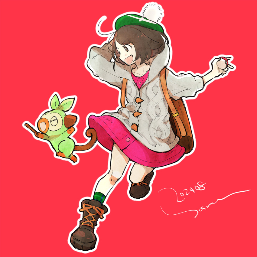 1girl backpack bag boots brown_eyes brown_footwear brown_hair cardigan closed_eyes commentary creatures_(company) dress game_freak gen_8_pokemon gloria_(pokemon) green_hat green_socks grey_cardigan grookey haruhashi hat highres holding holding_poke_ball leg_up nintendo open_mouth outline pink_dress plaid_clothes plaid_socks poke_ball poke_ball_(basic) pokemon pokemon_(creature) pokemon_swsh pom_pom_(clothes) red_background short_hair simple_background socks symbol-only_commentary white_outline