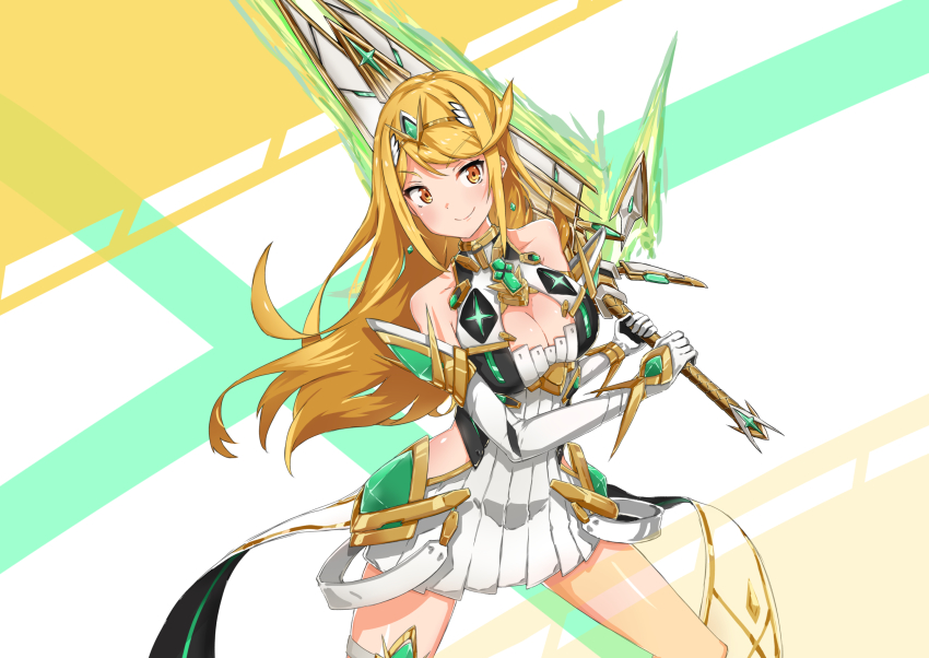 1girl bare_shoulders blonde_hair blue_fox_(aoba) breasts chest_jewel cleavage cowboy_shot dress earrings gem gloves highres holding holding_sword holding_weapon jewelry long_hair medium_breasts mythra_(xenoblade) nintendo short_dress smile solo swept_bangs sword thigh_strap tiara two-handed two-handed_sword very_long_hair weapon white_dress white_gloves xenoblade_chronicles_(series) xenoblade_chronicles_2 yellow_eyes