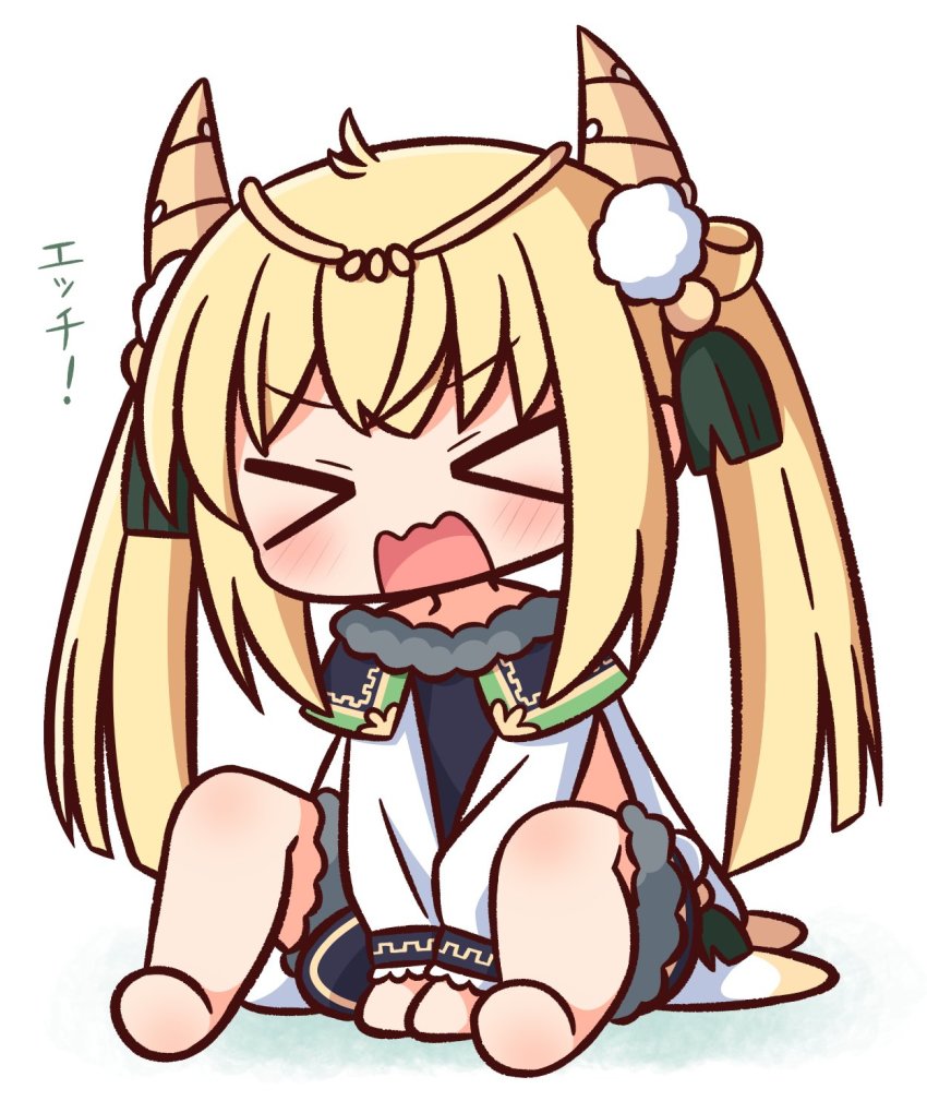 &gt;_&lt; 1girl barefoot between_legs blonde_hair blush character_request chibi closed_eyes facing_viewer full_body fur_trim hana_kazari hand_between_legs highres horns knees_up long_hair merc_storia open_mouth shirt sitting solo translation_request twintails v-shaped_eyebrows very_long_hair wavy_mouth white_background white_shirt