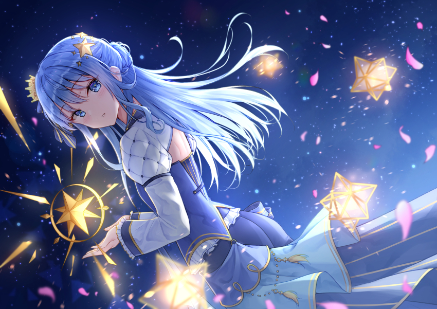 1girl absurdres ass blue_eyes blue_hair blue_shirt blue_skirt blue_vest blush commentary crown cupping_hands dark_background english_commentary from_behind from_side hair_bun hair_ornament half_updo highres holding holding_star hololive hoshimachi_suisei hoshimachi_suisei_(stellar_into_the_galaxy) juliet_sleeves layered_skirt long_hair long_sleeves looking_at_viewer official_alternate_costume official_alternate_hair_length official_alternate_hairstyle overskirt own_hands_together parted_lips puffy_sleeves quilted_clothes rieatco shirt shrug_(clothing) sidelocks single_side_bun skirt solo star_(symbol) star_hair_ornament star_in_eye symbol_in_eye tilted_headwear vest virtual_youtuber white_shrug