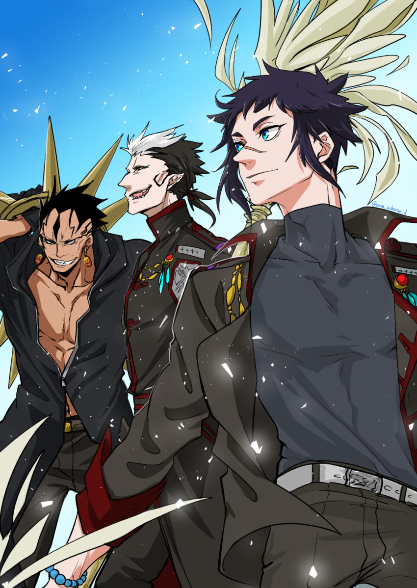 3boys abs alma_karma arystar_krory badge belt black_gloves black_hair black_jacket black_order_uniform black_pants black_shirt blue_background blue_eyes blue_sky bracelet carrying_over_shoulder d.gray-man dark-skinned_male dark_skin earrings facial_mark facial_tattoo feathers gloves highres jacket jewelry long_hair mature_male military military_uniform multicolored_hair multiple_boys muscular open_mouth pants pointy_ears ponytail purple_hair scar scar_on_face seto_satoru sharp_teeth shirt short_hair short_ponytail sky smile spiked_hair spikes split-color_hair tattoo teeth unbuttoned unbuttoned_shirt vampire white_eyes white_hair winters_socalo