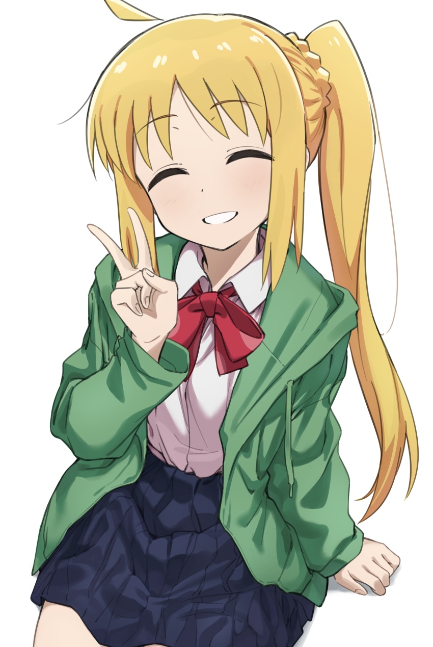 1girl ^_^ absurdres ahoge blonde_hair blue_skirt bocchi_the_rock! bow closed_eyes collared_shirt fankupl green_jacket grin highres ijichi_nijika jacket long_hair looking_at_viewer parted_bangs parted_lips pleated_skirt red_bow school_uniform shirt side_ponytail simple_background skirt smile teeth v white_shirt