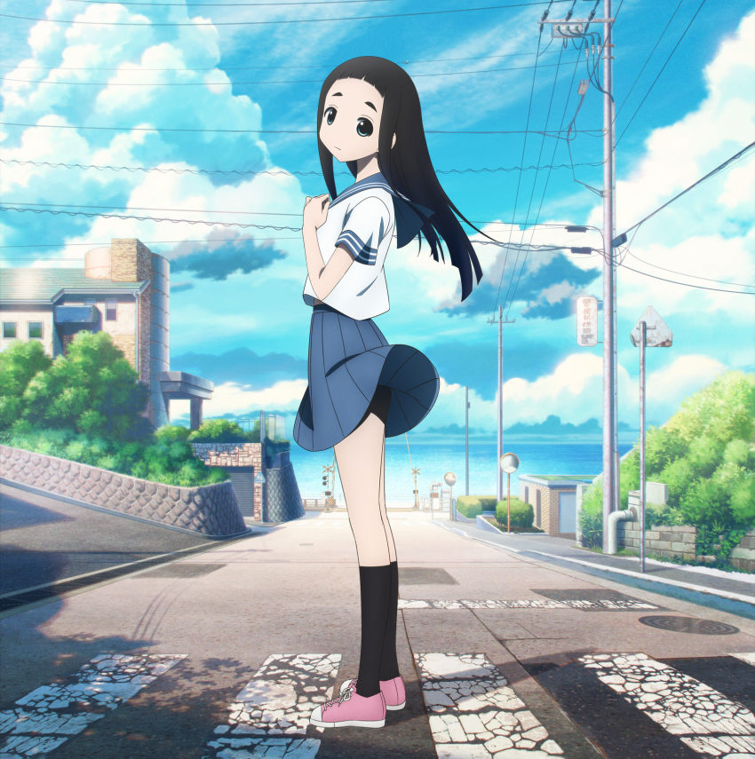 1girl black_hair black_socks blouse blue_eyes blue_sailor_collar blue_skirt blue_sky building cable cloud crosswalk day full_body goto_hime hand_over_heart highres hime_cut kakushigoto key_visual kneehighs long_hair looking_at_viewer looking_to_the_side neckerchief ocean official_art outdoors pink_footwear pleated_skirt promotional_art road sailor_collar school_uniform serafuku shadow shirt shoes short_sleeves skirt sky sneakers socks solo standing street utility_pole white_shirt