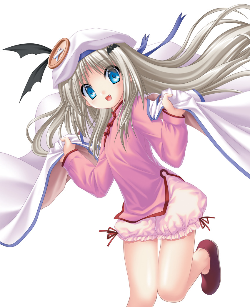 1girl :d bat_hair_ornament blue_eyes blue_ribbon cape chinese_clothes fang floating_hair hair_between_eyes hair_ornament hat hat_ribbon highres kud_wafter leg_up little_busters! long_hair long_sleeves looking_at_viewer na-ga noumi_kudryavka official_art open_mouth pink_shirt red_ribbon ribbon shirt short_shorts shorts silver_hair simple_background smile solo standing standing_on_one_leg thigh_gap very_long_hair white_background white_cape white_shorts