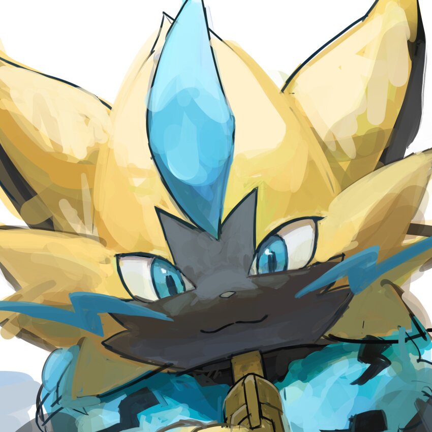 1other :3 animal_ears animal_nose black_fur blue_eyes blue_fur body_fur cat_ears closed_mouth collar creatures_(company) game_freak gen_7_pokemon happy highres ikei leash legendary_pokemon lightning_bolt_symbol looking_at_viewer multicolored_fur mythical_pokemon nintendo other_focus pokemon pokemon_(creature) portrait simple_background sketch smile solo whiskers white_background yellow_fur zeraora