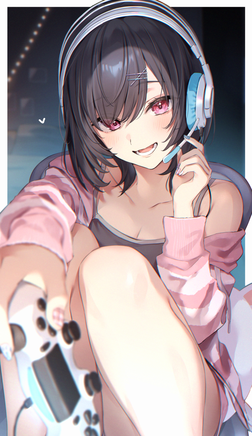 1girl akira_(zattape) bare_shoulders black_hair blush breasts cleavage controller game_controller hair_ornament hairclip headphones headset highres holding holding_controller holding_game_controller long_sleeves looking_at_viewer nail_polish open_clothes open_mouth original pink_eyes pink_shirt shirt sitting small_breasts smile solo striped_clothes striped_shirt swept_bangs tank_top zattape