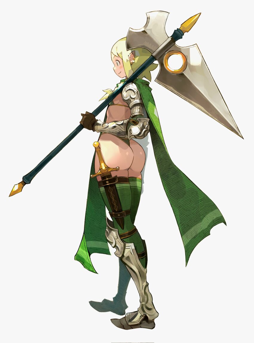 1girl andrewcockroach armor ass bikini bikini_armor blonde_hair breasts earrings elf gauntlets gloves greaves halberd highres holding holding_polearm holding_weapon jewelry multiple_earrings original pale_skin pauldrons pointy_ears polearm short_hair shoulder_armor small_breasts swimsuit sword tabard thigh_sheath thighhighs weapon white_background