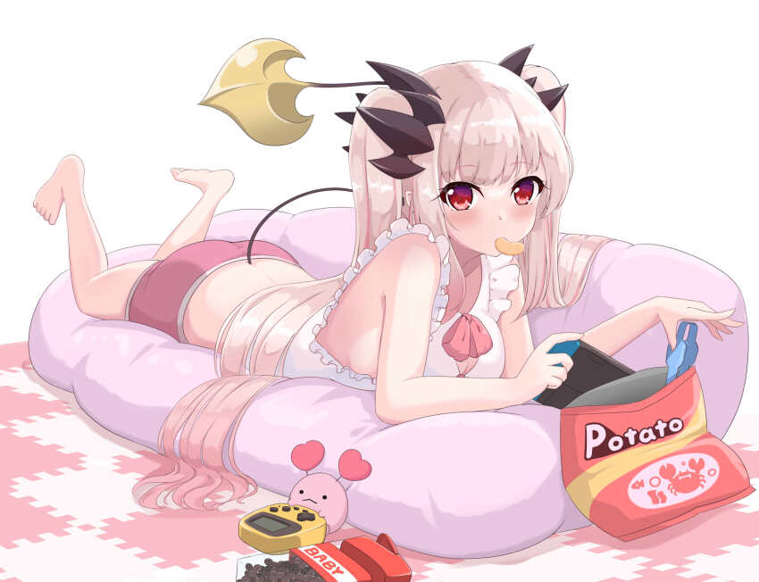 1girl aitsugawa_rui barefoot bean_bag_chair black_horns blush bow bowtie chips_(food) commentary_request creature demon_girl demon_horns demon_tail eating food frilled_shirt frills full_body handheld_game_console highres horns indie_virtual_youtuber long_hair looking_at_viewer lying nintendo_switch on_stomach pink_bow pink_bowtie pink_hair pink_shorts potato_chips red_eyes shirt shorts sleeveless sleeveless_shirt solo suou_patra tail the_pose tongs twintails very_long_hair virtual_youtuber white_shirt