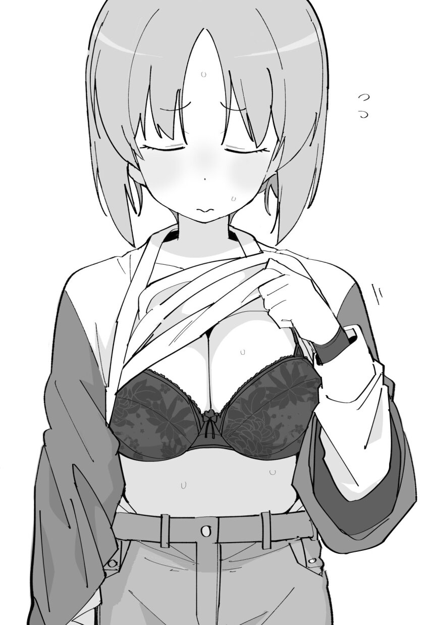 1girl bra breasts cleavage closed_eyes clothes_lift girls_und_panzer henyaan_(oreizm) highres large_breasts legs lifting_own_clothes midriff monochrome nishizumi_miho pants short_hair solo sweat sweater sweater_lift thighs thong underwear whale_tail_(clothing)