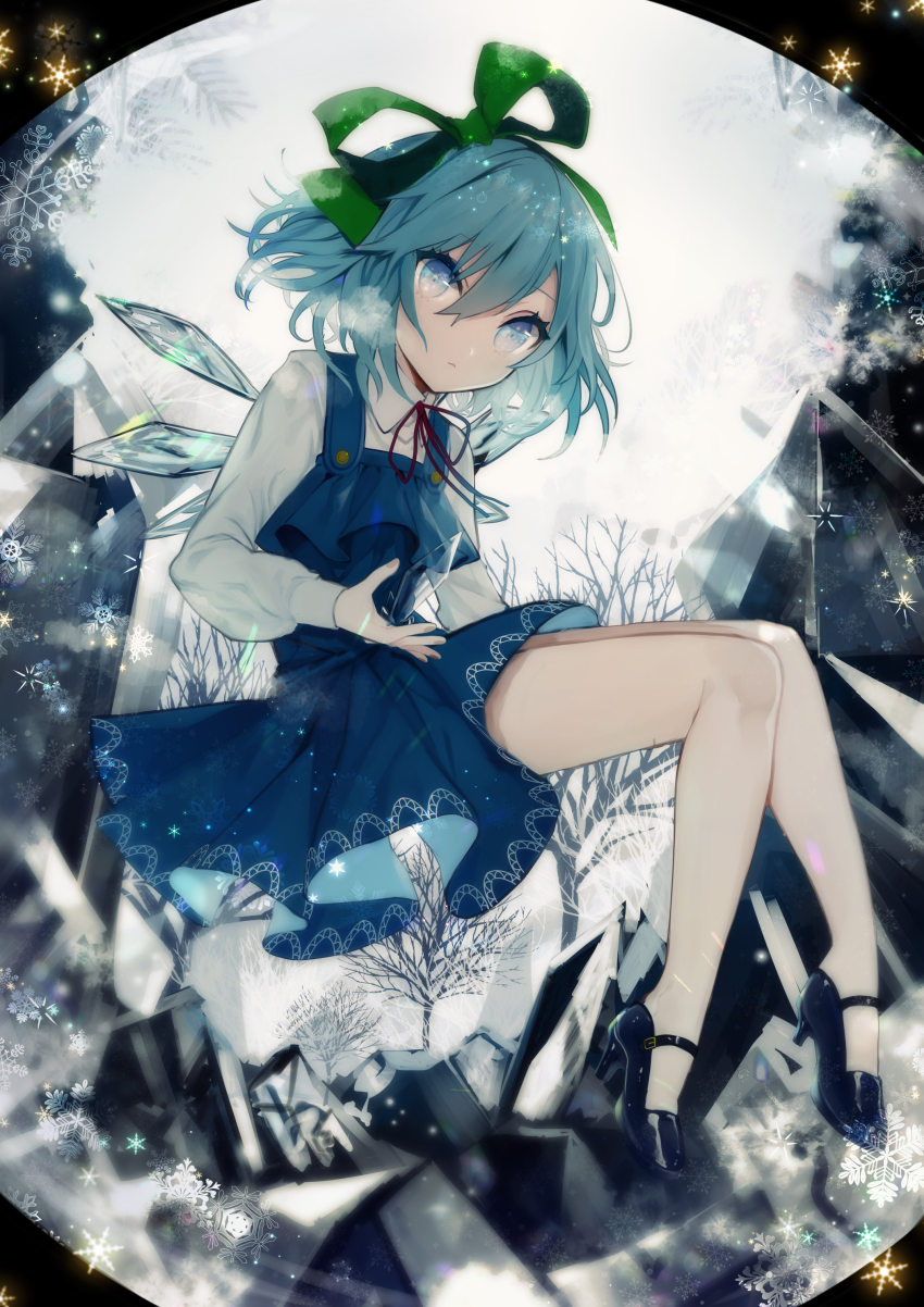 1girl absurdres blue_dress blue_eyes blue_footwear blue_hair cirno commentary cryokinesis daimaou_ruaeru dress english_commentary full_body green_ribbon hair_between_eyes hair_ribbon high_heels highres ice ice_wings long_sleeves looking_at_viewer neck_ribbon pinafore_dress red_ribbon ribbon shirt short_hair simple_background sleeveless sleeveless_dress snowflakes solo thighs touhou tree white_background white_shirt wings