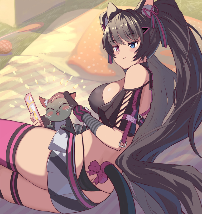 1girl 1other animal animal_ears bare_shoulders bikini black_bikini black_gloves blue_eyes blush_stickers breasts brown_hair butt_crack cat cat_ears cat_girl cat_tail closed_mouth fingerless_gloves gloves goddess_of_victory:_nikke hair_ornament hair_ribbon headpat heterochromia highres holding large_breasts light_blush long_hair lying nero_(nikke) on_side pink_eyes ribbon ruru_(nikke) single_thighhigh skirt smile string_bikini swimsuit syope tail thigh_strap thighhighs twintails