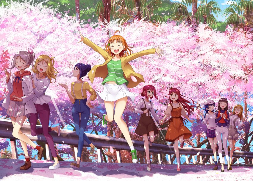 blush cloud everyone highres kunikida_hanamaru kurosawa_dia kurosawa_ruby legs long_hair love_live! love_live!_sunshine!! matsuura_kanan multiple_girls ocean ohara_mari open_mouth qy73 railing sakurauchi_riko short_hair sky smile takami_chika tree tsushima_yoshiko walking watanabe_you water