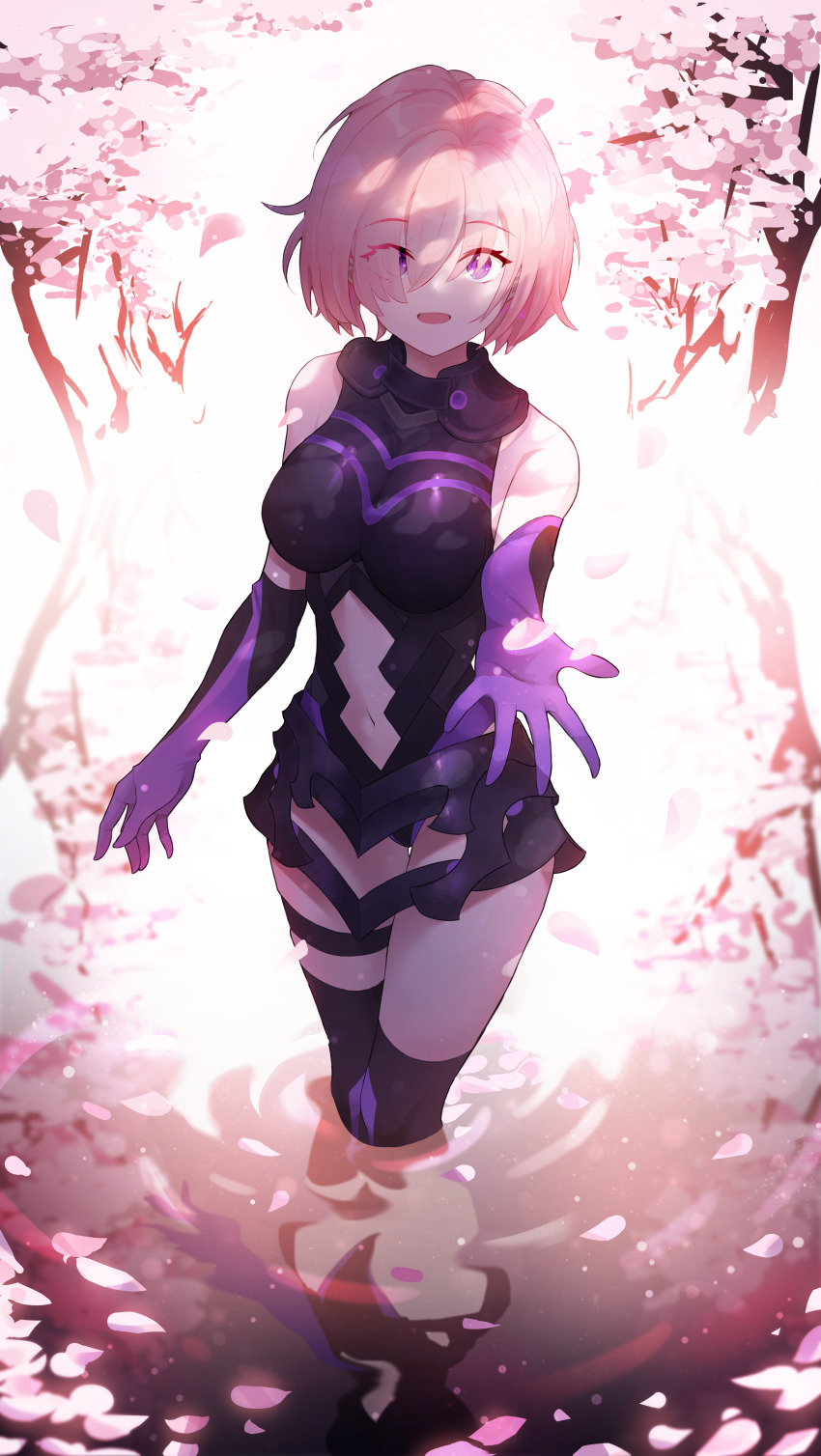 1girl absurdres armor armored_dress cherry_blossoms elbow_gloves eyebrows_hidden_by_hair fate/grand_order fate_(series) gloves hair_over_one_eye highres huge_filesize mash_kyrielight oni22 open_mouth petals petals_on_liquid purple_eyes purple_hair reaching reaching_towards_viewer reflection reflective_water short_hair smile solo tree water