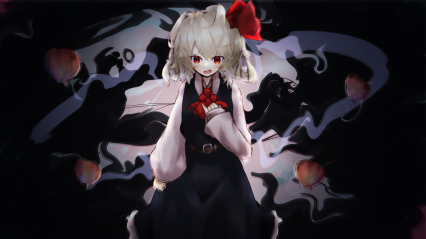 1girl absurdres ascot aura belt black_dress blonde_hair bow brown_belt collared_shirt commentary dress fang fig frilled_dress frills hair_bow highres liangming_toho long_sleeves looking_at_viewer open_mouth puffy_long_sleeves puffy_sleeves red_ascot red_bow red_eyes rumia shirt short_hair solo souls touhou white_shirt