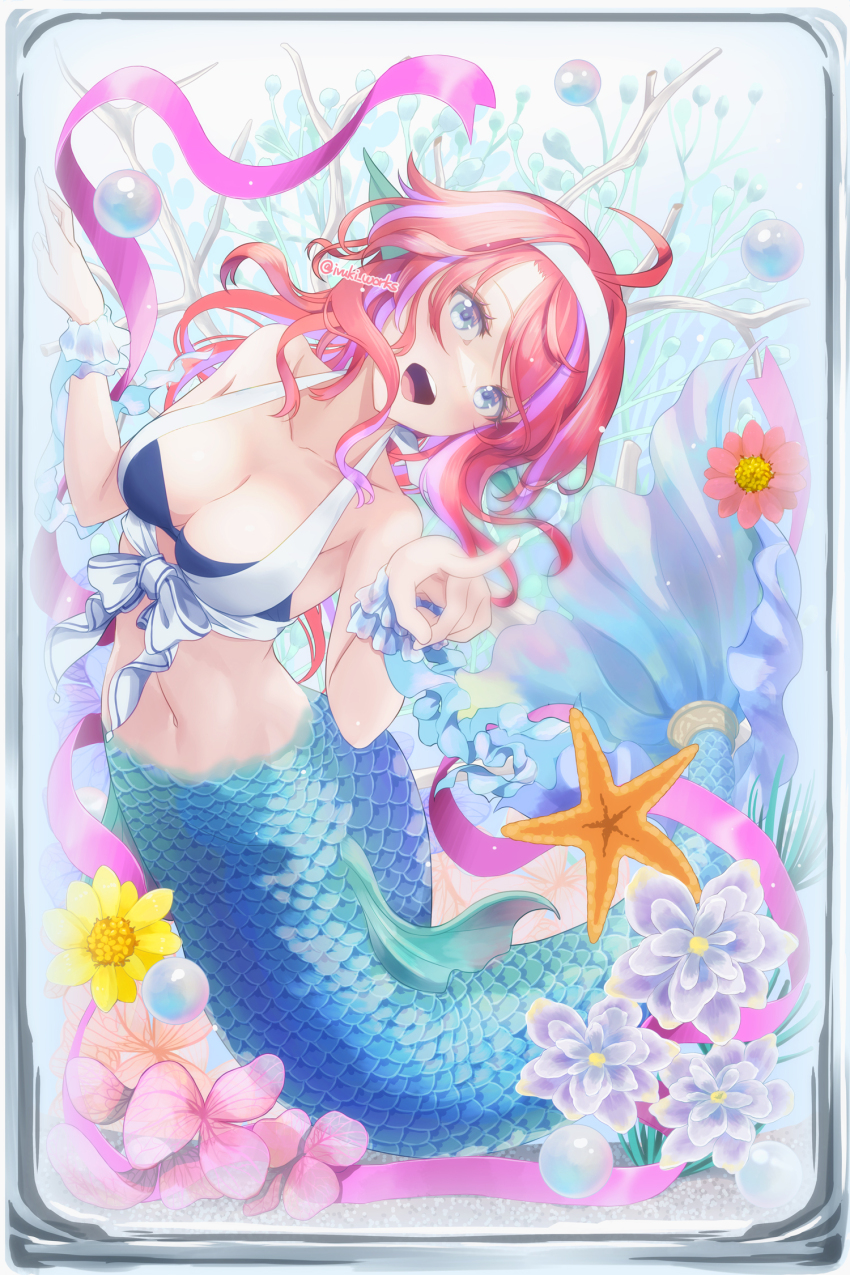 1girl breasts collarbone flower highres ivuki large_breasts looking_at_viewer mermaid monster_girl navel original red_hair ribbon smile starfish stomach