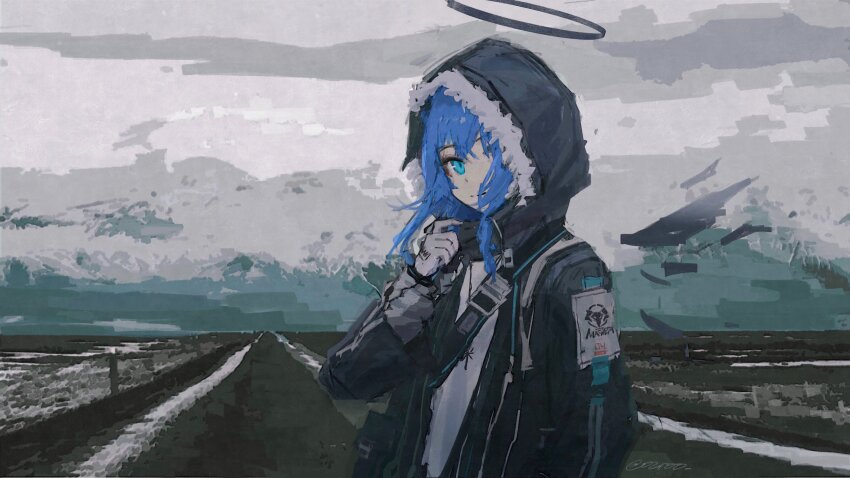 1girl absurdres arknights bagml black_jacket blue_eyes blue_hair chinese_commentary commentary_request faux_traditional_media fur-trimmed_hood fur_trim grey_sky hair_over_one_eye halo hand_up highres hood hood_up impasto jacket long_hair looking_at_viewer mostima_(arknights) mountainous_horizon outdoors painterly road shirt sky smile solo upper_body white_shirt wings