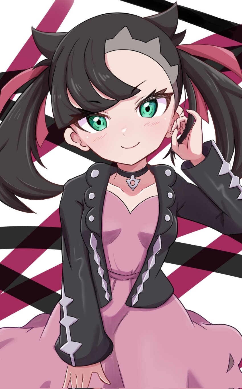 1girl asymmetrical_bangs black_choker black_hair black_jacket choker closed_mouth commentary_request creatures_(company) dress eyelashes game_freak green_eyes highres jacket looking_at_viewer marnie_(pokemon) medium_hair nintendo open_clothes open_jacket pink_dress pokemon pokemon_swsh rono_(lethys) smile solo twintails white_background