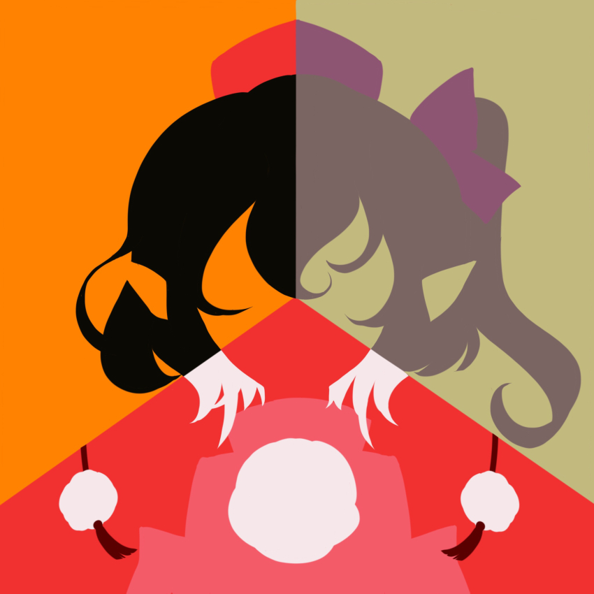 3girls black_hair bow brown_background brown_hair hair_bow hat highres himekaidou_hatate inubashiri_momiji maskin_mei multiple_girls no_lineart orange_background pointy_ears portrait purple_bow purple_headwear red_background red_headwear shameimaru_aya silhouette simple_background split_theme touhou vector_art white_hair