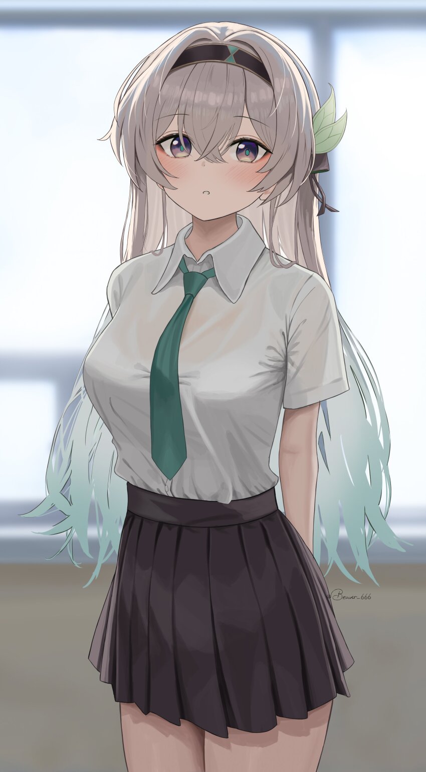 1girl absurdres aqua_hair arms_behind_back black_hairband black_skirt blurry blurry_background breasts collared_shirt dubeaduver firefly_(honkai:_star_rail) gradient_hair green_necktie grey_hair hair_between_eyes hair_ornament hairband highres honkai:_star_rail honkai_(series) large_breasts long_hair looking_at_viewer multicolored_hair necktie parted_lips school_uniform shirt short_sleeves skirt solo standing thighs twitter_username white_shirt