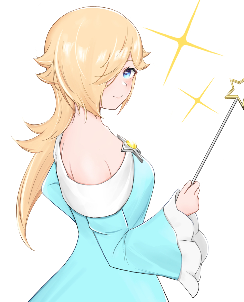 1girl bare_shoulders blonde_hair blue_eyes blush breasts cleavage closed_mouth collarbone highres long_hair looking_at_viewer mario_(series) nintendo off_shoulder rosalina simple_background smile solo star_wand tomatomiya white_background