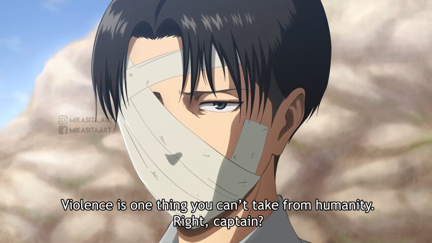 1boy anime_coloring bandaged_head bandages bandaid bandaid_on_cheek bandaid_on_face black_hair blue_sky english_text facebook_logo facebook_username fake_screenshot grey_eyes highres instagram_logo instagram_username levi_(shingeki_no_kyojin) looking_at_viewer male_focus mikasitaart official_style portrait sad shingeki_no_kyojin short_hair sky smoke solo undercut