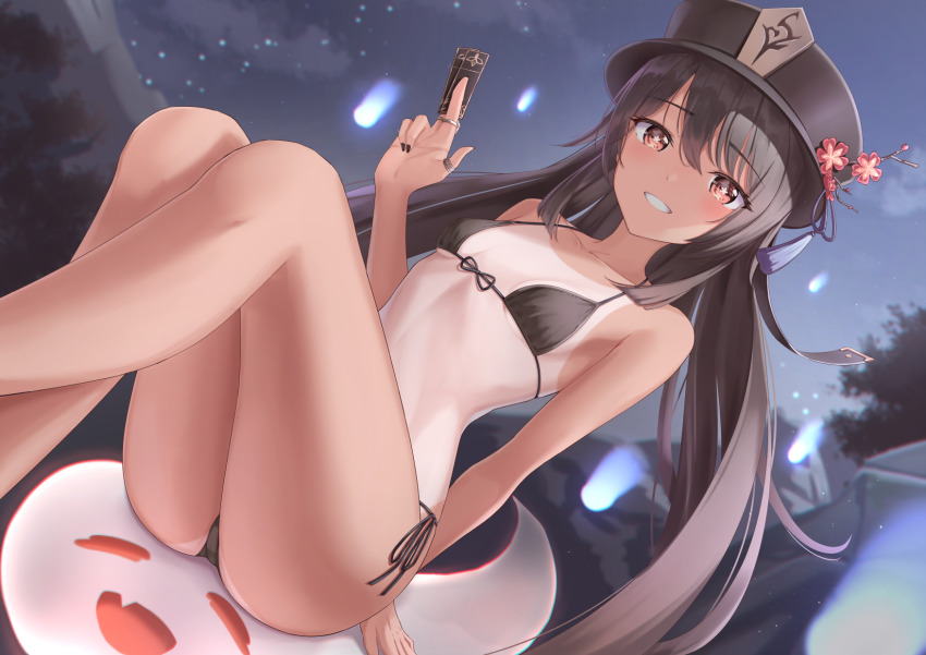 1girl ass bare_arms bare_legs bare_shoulders bikini bikini_tan black_bikini black_hair black_hat black_nails breasts collarbone feet_out_of_frame flower front-tie_bikini_top front-tie_top genshin_impact ghost grin halterneck hat hat_flower highres hitodama holding hu_tao_(genshin_impact) jewelry long_hair looking_at_viewer marinesnow micro_bikini multiple_rings nail_polish one-piece_tan red_eyes ring side-tie_bikini_bottom small_breasts smile solo star-shaped_pupils star_(symbol) string_bikini swimsuit symbol-shaped_pupils talisman tan tanline thighs twintails very_long_hair