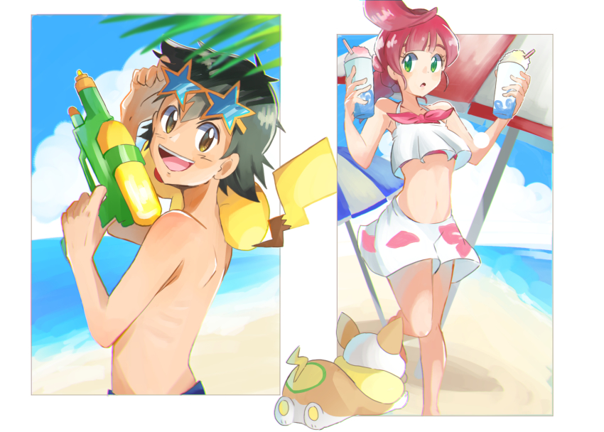 1boy 1girl ash_ketchum black_hair blue_male_swimwear blue_swim_trunks brown_eyes chloe_(pokemon) creatures_(company) food game_freak gen_1_pokemon gen_8_pokemon glasses_on_head green_eyes hatsu8282 highres holding_glass long_hair looking_at_viewer looking_to_the_side male_swimwear maroon_hair navel nintendo ocean open_mouth pikachu pokemon pokemon_(anime) pokemon_(creature) pokemon_journeys pokemon_swsh031 shaved_ice short_hair smile star-shaped_eyewear star_(symbol) swim_trunks swimsuit topless_male water_gun yamper