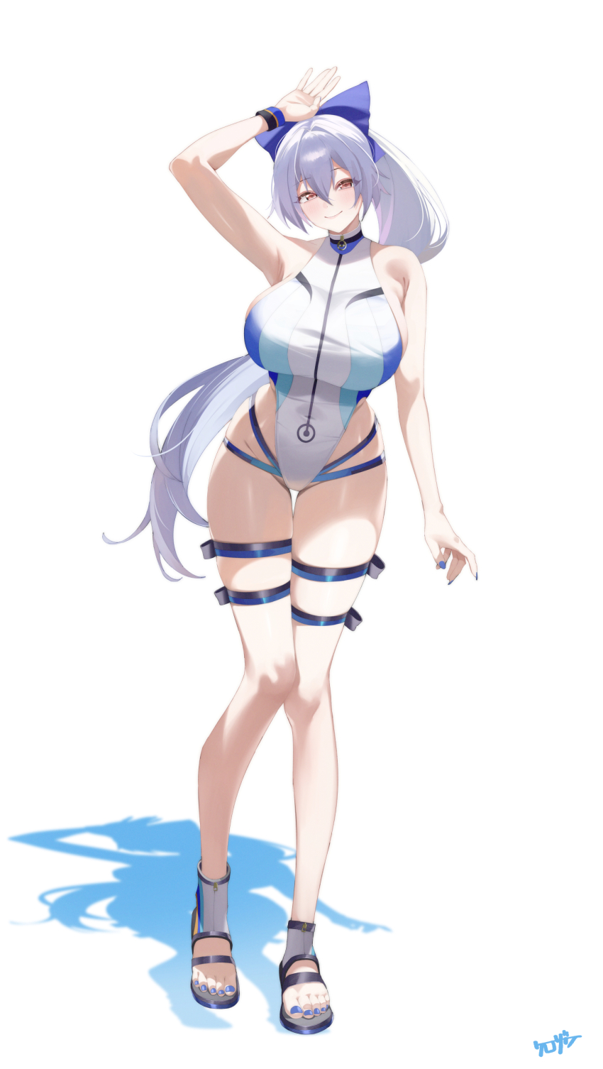 1girl absurdres arm_up armpits bare_arms bare_shoulders blue_nails blush breasts closed_mouth fate/grand_order fate_(series) full_body hair_between_eyes hair_ornament highleg highleg_one-piece_swimsuit highres kurozawa_yui large_breasts long_hair nail_polish one-piece_swimsuit ponytail red_eyes simple_background smile solo standing swimsuit thigh_gap thigh_strap thighs toenail_polish toenails tomoe_gozen_(fate) tomoe_gozen_(swimsuit_saber)_(fate) white_background white_hair white_one-piece_swimsuit