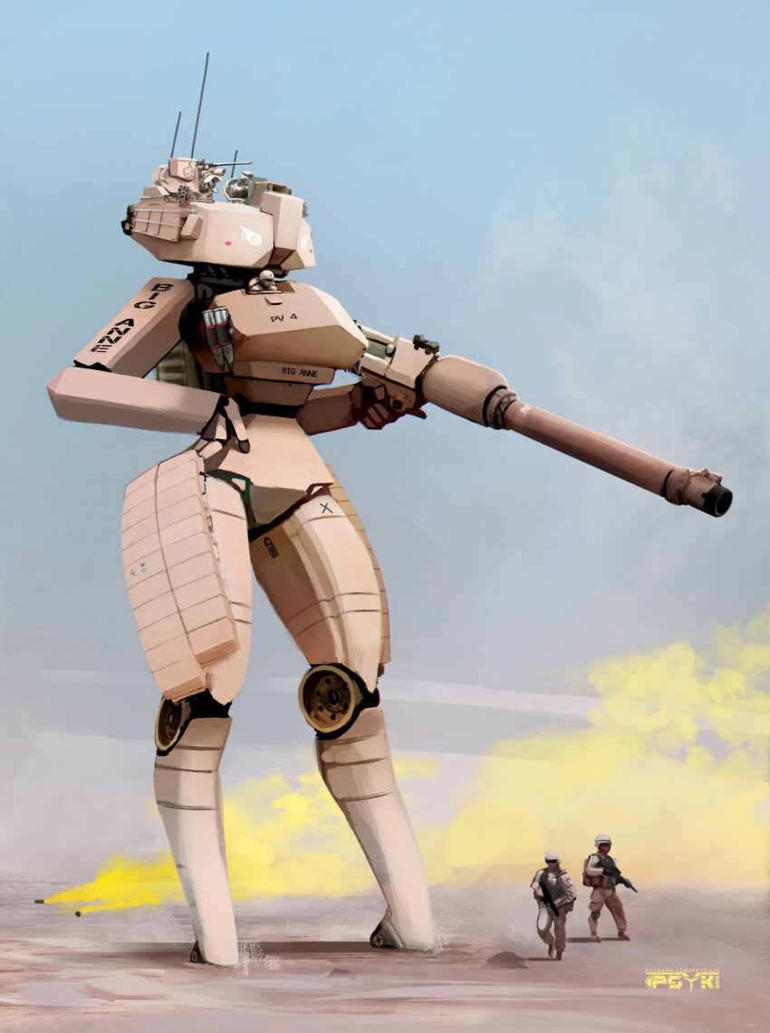 antennae artillery_shell artist_name assault_rifle blue_background cannon day full_body gun hand_on_own_hip helmet highres holding holding_gun holding_weapon m1_abrams mecha military military_vehicle motor_vehicle original outdoors patreon_username psyk323 reactive_armor rifle robot standing tank thick_thighs thighs weapon