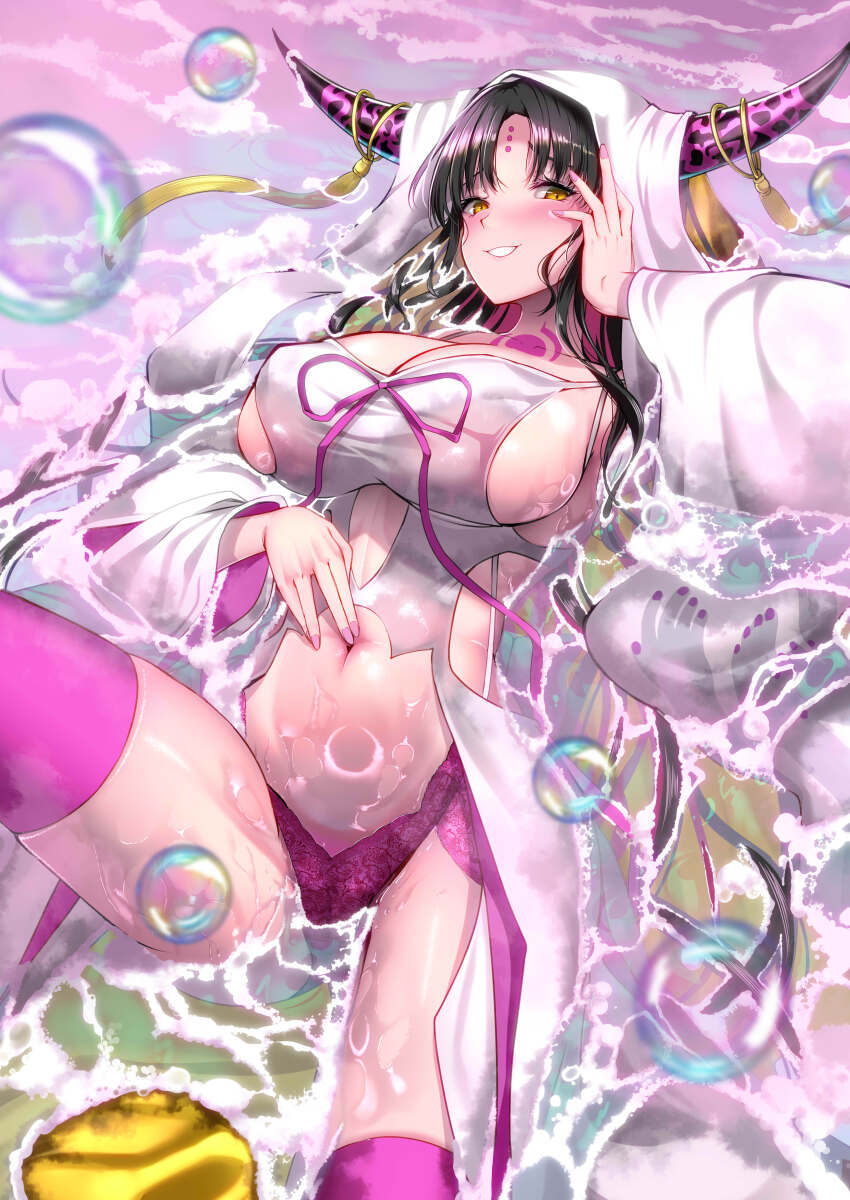 1girl absurdres black_hair blush breasts bubble chest_tattoo cleavage facial_mark fate/extra fate/extra_ccc fate_(series) forehead_mark grin highres horns huge_breasts kamehito long_hair long_sleeves navel panties sessyoin_kiara sideboob smile solo tattoo thighhighs underwear veil wide_sleeves yellow_eyes