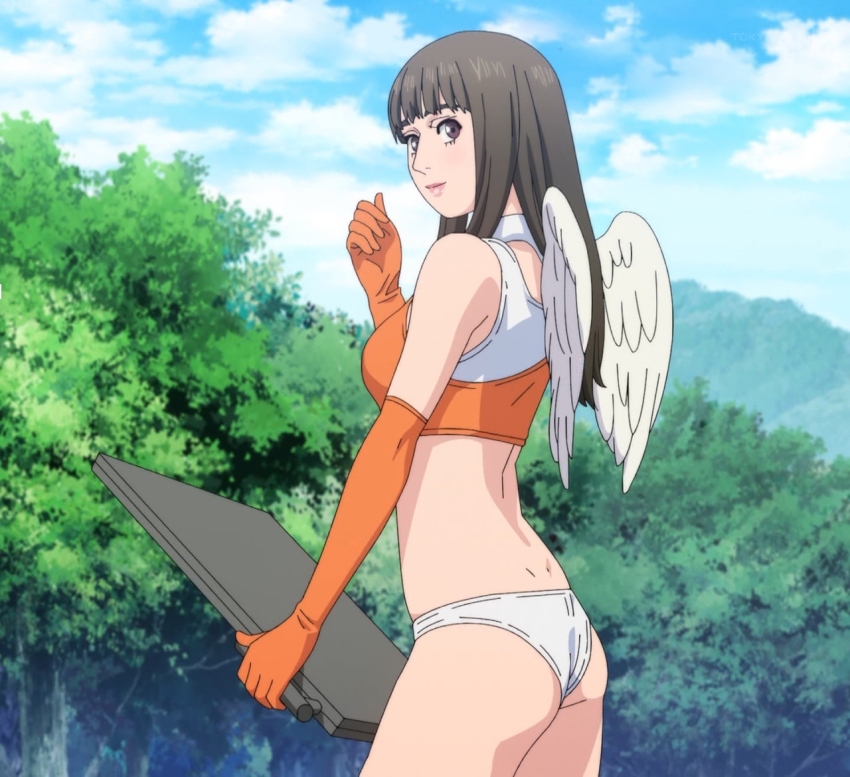 1girl angel_wings anime_screenshot ass bikini breasts collar crop_top elbow_gloves gloves makeup medium_breasts mf_ghost panties race_queen sato_mami solo stitched swimsuit third-party_edit underwear white_panties wings