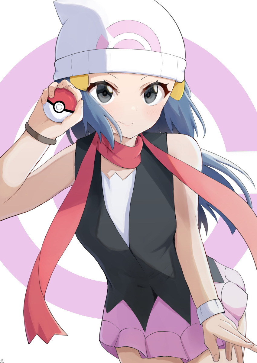 1girl absurdres aftamc bare_shoulders beanie black_vest blue_eyes blue_hair blush bracelet breasts closed_mouth cowboy_shot creatures_(company) dawn_(pokemon) dutch_angle fingernails game_freak hand_up hat highres holding holding_poke_ball jewelry leaning_forward long_hair nintendo pink_skirt poke_ball pokemon pokemon_dppt red_scarf scarf sidelocks simple_background skirt sleeveless small_breasts smile solo standing v-shaped_eyebrows vest white_background white_hat