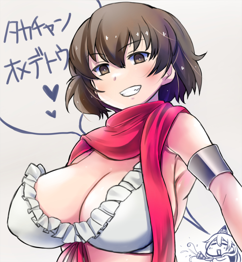 1girl bikini blush breasts brown_eyes brown_hair caesar_(girls_und_panzer) cleavage frilled_bikini frills girls_und_panzer grin highres large_breasts looking_at_viewer nabeyu red_scarf scarf short_hair simple_background smile solo swimsuit upper_body white_background white_bikini