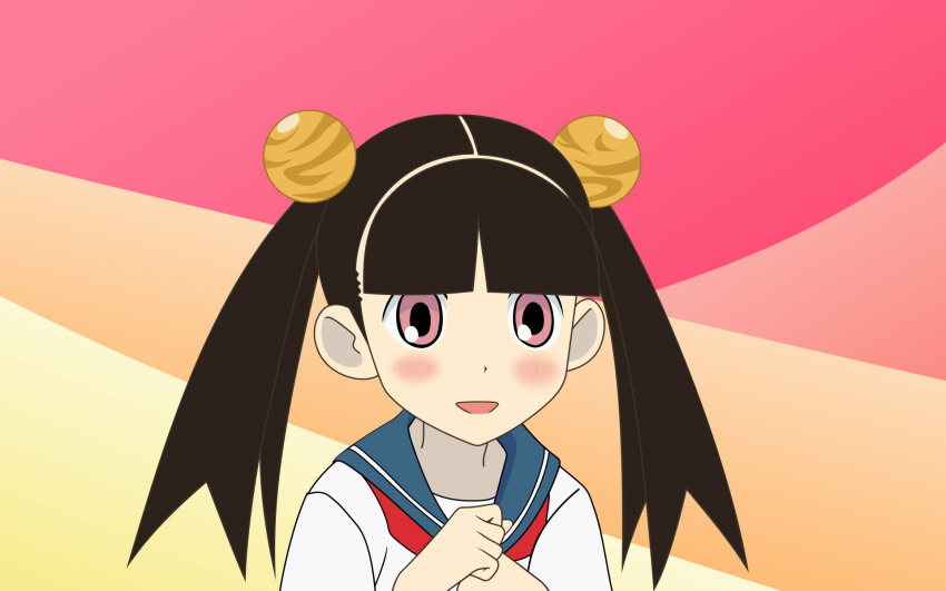 00s black_hair blush highres non-web_source open_mouth otonashi_meru pink_eyes sayonara_zetsubou_sensei school_uniform serafuku solo twintails vector_trace