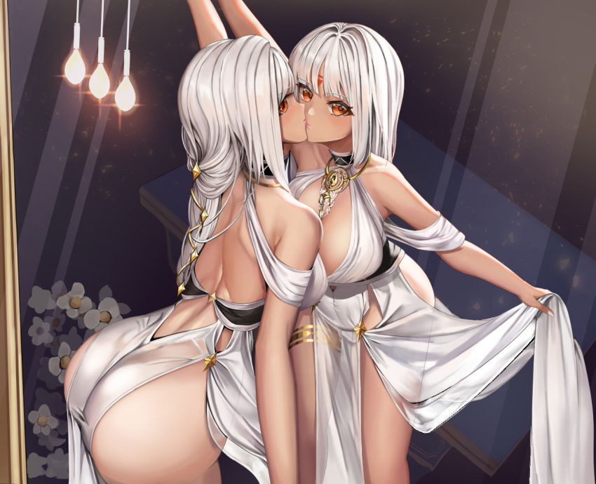 1girl ass azur_lane back backless_dress backless_outfit bare_shoulders body_markings breasts center_opening choker cleavage clothes_lift cocktail_dress commentary dark-skinned_female dark_skin dress dress_lift evening_gown facial_mark forehead_mark gold halter_dress halterneck hanging_light jewelry large_breasts lifting_own_clothes long_hair looking_at_viewer massachusetts_(azur_lane) massachusetts_(dressed_to_impress)_(azur_lane) mirror nail_polish narcissism native_american orange_eyes pendant reflection skirt skirt_hold skirt_lift sleeveless sleeveless_dress solaris_(sinhyg) standing tan thighlet thighs white_dress white_hair white_nails