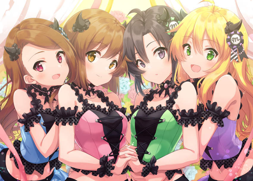 4girls absurdres ahoge ayumi_(as0206) bare_shoulders black_horns blonde_hair blush breasts brown_hair collarbone commentary_request fake_horns green_eyes hagiwara_yukiho hair_between_eyes hair_ornament highres horns hoshii_miki huge_filesize idolmaster idolmaster_(classic) idolmaster_million_live! idolmaster_million_live!_theater_days kikuchi_makoto long_hair looking_at_viewer medium_breasts minase_iori multiple_girls navel open_mouth short_hair small_breasts smile wrist_cuffs