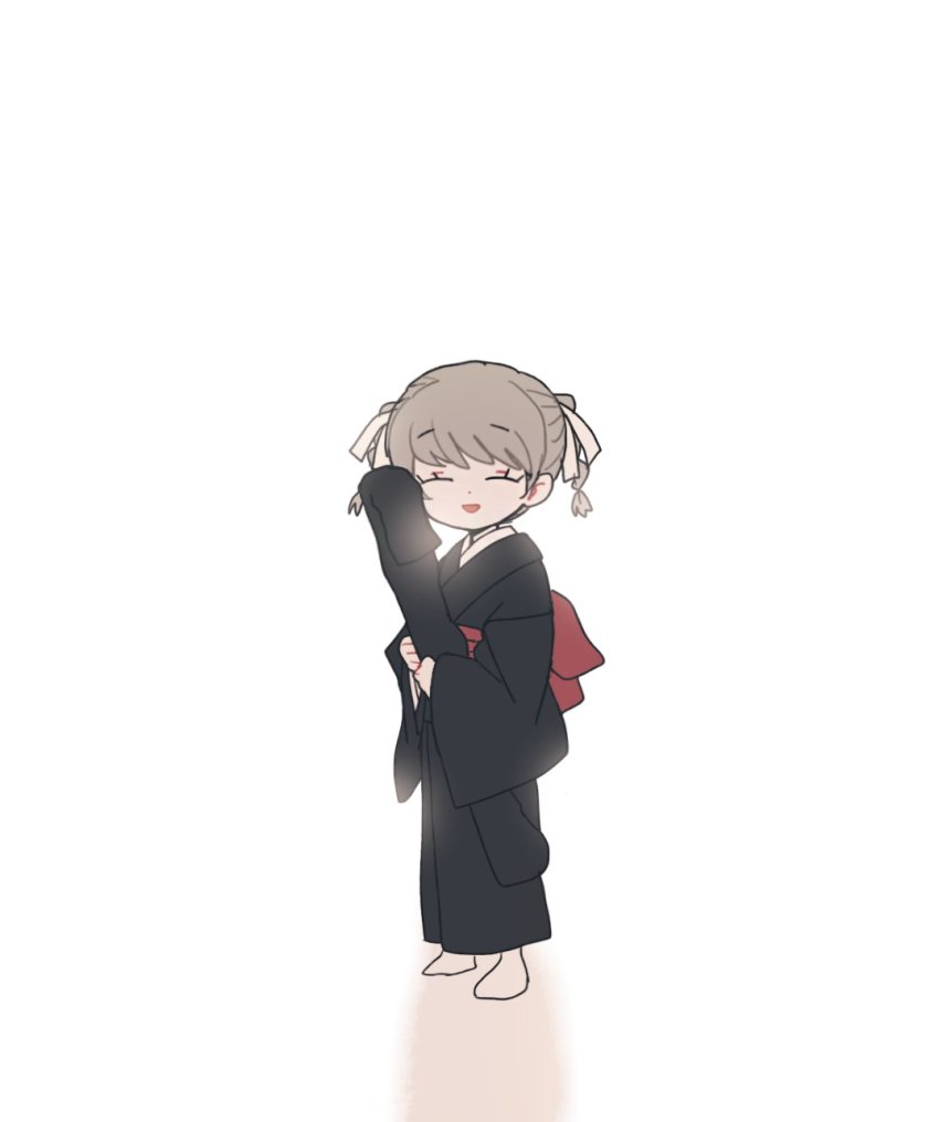 1girl alternate_costume black_kimono braid danganronpa_(series) danganronpa_2:_goodbye_despair full_body gamhwa glasses grey_background highres holding japanese_clothes kimono long_hair long_sleeves looking_at_viewer obi open_mouth pekoyama_peko sash short_hair simple_background solo standing twin_braids wide_sleeves