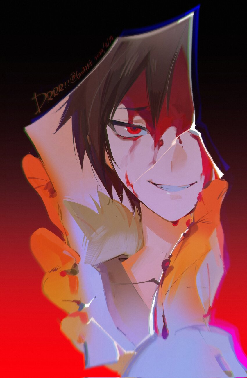 1boy black_hair black_shirt blood blood_on_face blood_on_hands dated durarara!! eromkk fur_trim glass_shard grin hair_between_eyes highres holding holding_glass_shard long_sleeves male_focus orihara_izaya red_eyes reflection shirt smile solo teeth twitter_username white_fur