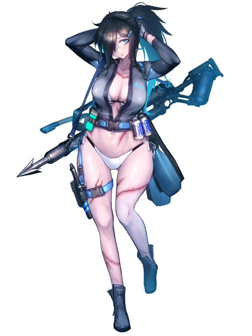 1girl belt bikini black_footwear black_gloves black_hair black_jacket blue_eyes breasts cleavage commission dairoku_ryouhei explosive flippers full_body gloves glowstick grenade hair_over_one_eye harpoon harpoon_gun hetza_(hellshock) highres jacket large_breasts long_hair looking_at_viewer ponytail scar scar_on_chest scar_on_leg scar_on_stomach side-tie_bikini_bottom snorkel solo speargun stitches swimsuit transparent_background wet white_bikini