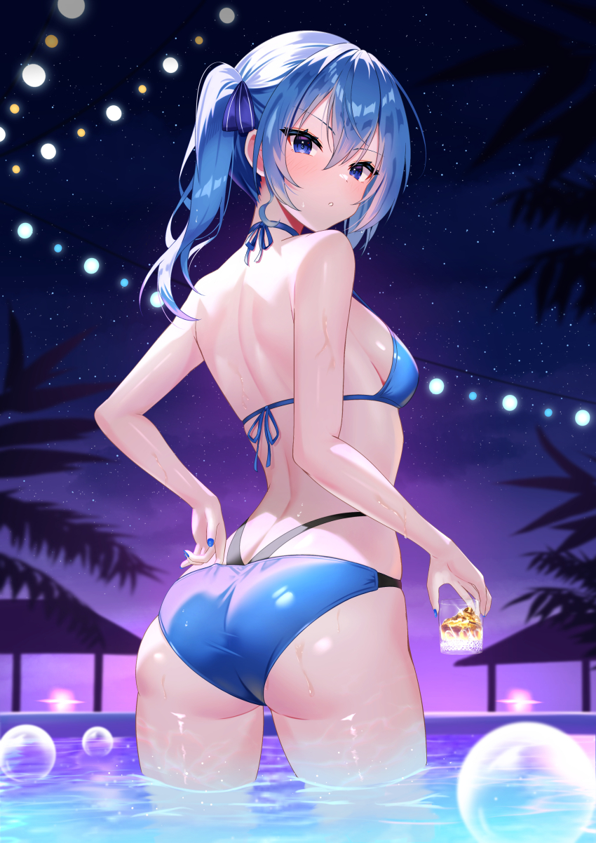 1girl absurdres ass back bikini blue_bikini blue_hair blue_nails blue_ribbon breasts cup hair_ribbon halterneck highleg highleg_bikini highres holding holding_cup hololive hoshimachi_suisei looking_at_viewer nail_polish night night_sky one_side_up palm_tree ribbon sideboob sky small_breasts solo star_(sky) star_(symbol) star_in_eye starry_sky string_bikini swimsuit symbol_in_eye telu_(teluscarlet) tree virtual_youtuber