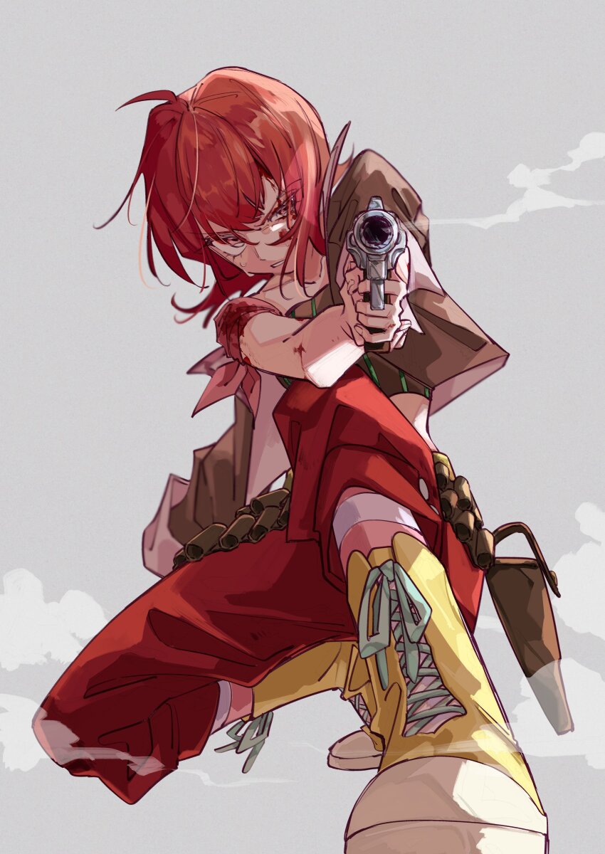 1girl absurdres aiming aiming_at_viewer brown_jacket crop_top cropped_jacket firing grey_background gun highres holding holding_gun holding_weapon iria_animi jacket kneeling pants red_eyes red_hair red_pants shirt short_hair smoking socks solo striped_clothes striped_shirt striped_socks tales_of_(series) tales_of_innocence weapon yellow_footwear youme_xz