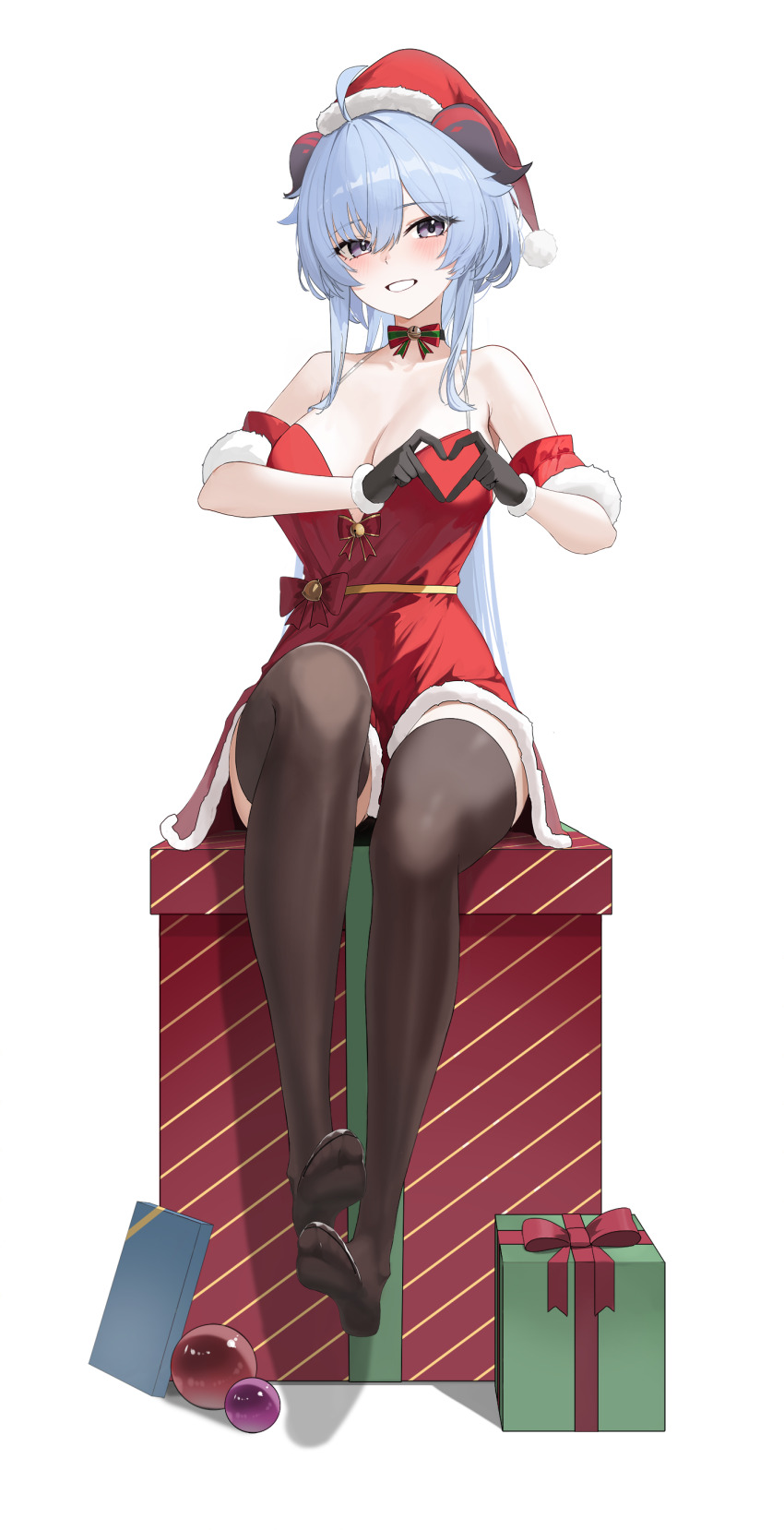 1girl absurdres ahoge alternate_costume bare_shoulders black_gloves black_thighhighs blue_hair blush box full_body ganyu_(genshin_impact) genshin_impact gloves hat heart heart_hands highres long_hair paid_reward_available purple_eyes red_hat revision rikui_(rella2930) santa_costume santa_hat simple_background sitting smile solo thighhighs thighs white_background