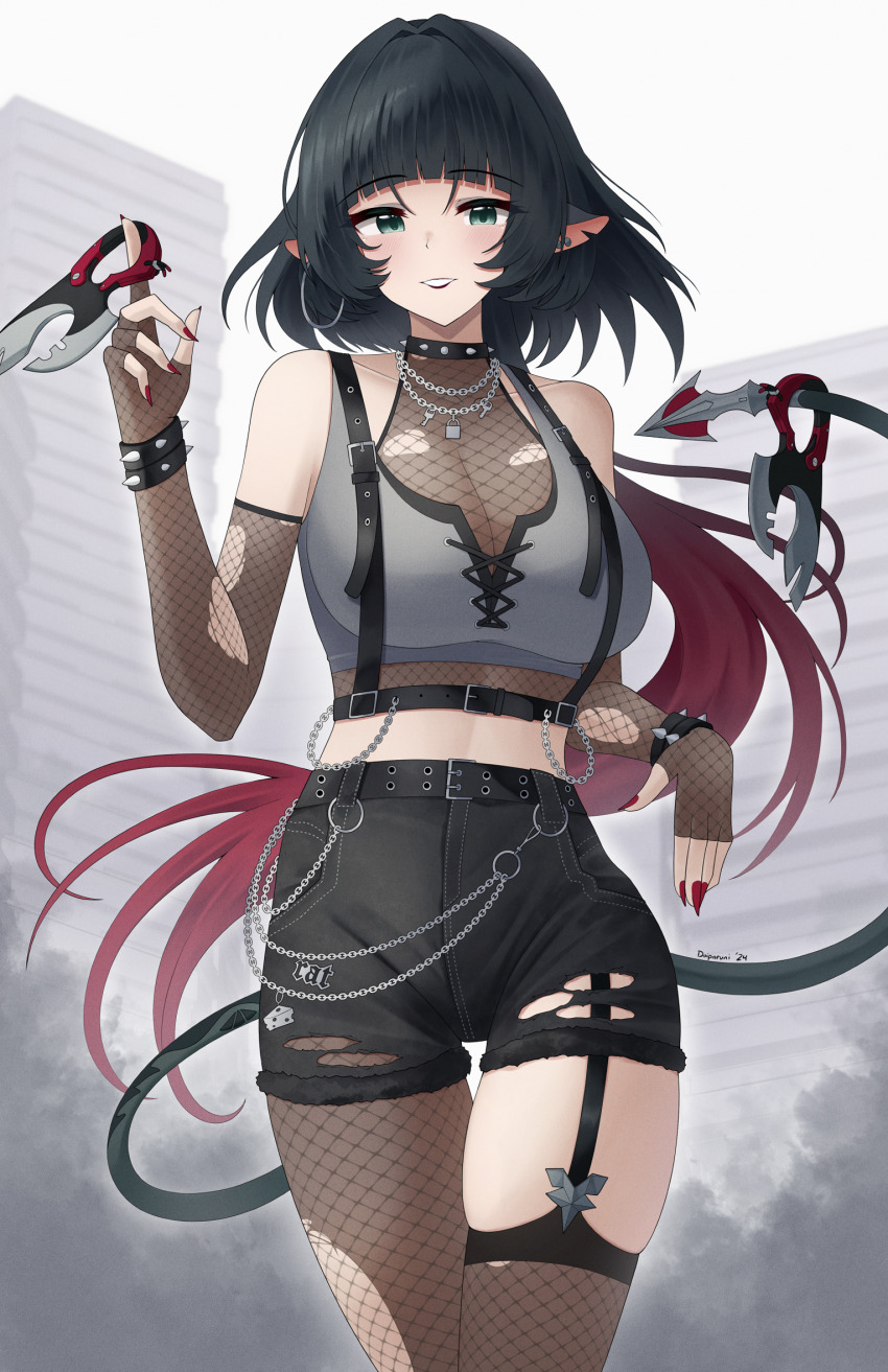 1girl bare_shoulders black_hair black_shorts blunt_bangs chain commentary cowboy_shot crop_top doiparuni elbow_gloves fishnet_gloves fishnet_pantyhose fishnet_thighhighs fishnets gloves grey_eyes highres holding holding_knife holding_weapon jane_doe_(zenless_zone_zero) knife long_hair looking_at_viewer midriff multicolored_hair nail_polish pantyhose red_hair red_nails short_shorts shorts single_leg_pantyhose single_thighhigh solo standing thighhighs thighs torn_clothes torn_pantyhose two-tone_hair very_long_hair weapon zenless_zone_zero