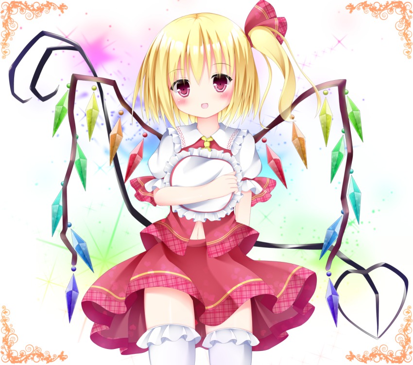 1girl bad_id bad_pixiv_id blonde_hair blush female_focus flandre_scarlet hat unworn_hat unworn_headwear maccha navel open_mouth purple_eyes side_ponytail skirt skirt_set smile solo thighhighs touhou white_thighhighs wings