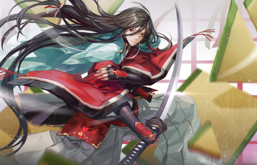 10s 1boy bishounen black_hair blue_eyes infukun izumi-no-kami_kanesada japanese_clothes katana male_focus screen_door solo sword touken_ranbu weapon