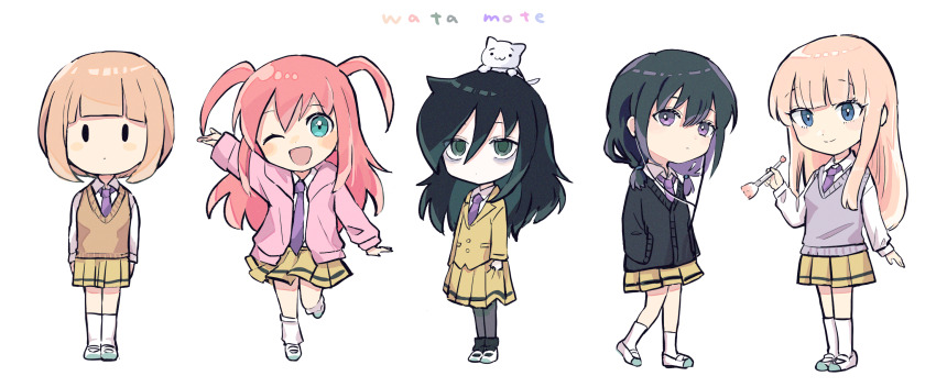 5girls :| aqua_eyes bags_under_eyes black_hair black_pantyhose blonde_hair blue_eyes blush_stickers brown_sweater_vest chibi closed_mouth collared_shirt commentary_request copyright_name expressionless full_body grey_sweater_vest highres holding holding_brush hood hoodie jacket katou_asuka kneehighs kuroki_tomoko leg_up lineup long_hair loose_socks low_twintails makeup_brush multicolored_text multiple_girls necktie nemoto_hina nuka_(nukamochi) open_clothes open_hoodie open_mouth pantyhose pink_hair pink_hoodie pleated_skirt purple_eyes purple_necktie school_uniform shirt shoes short_hair skirt smile socks solid_oval_eyes standing sweater_vest tamura_yuri twintails two_side_up uchi_emiri uwabaki watashi_ga_motenai_no_wa_dou_kangaetemo_omaera_ga_warui! white_shirt white_socks yellow_jacket yellow_skirt