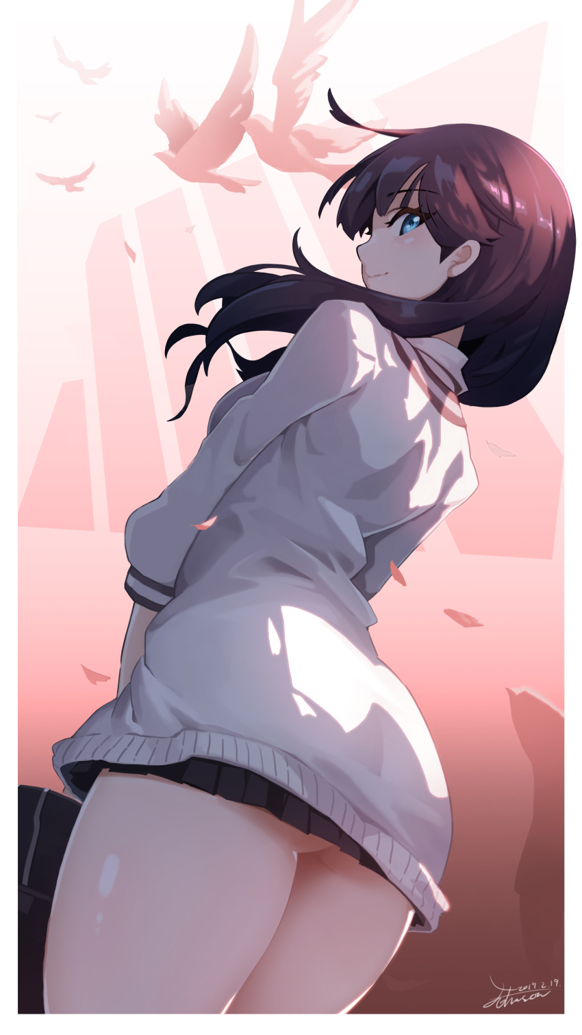 1girl absurdres artist_name ass back bird black_hair black_skirt blue_eyes blush dated female_focus from_behind gridman_universe highres johnson_zhuang long_hair long_sleeves looking_at_viewer looking_back miniskirt pleated_skirt profile school_uniform scrunchie skirt smile solo ssss.gridman standing takarada_rikka thighs v_arms