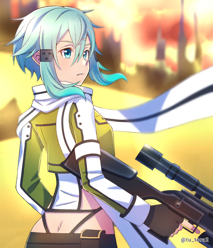 1girl anti-materiel_rifle black_gloves blue_eyes blue_hair blurry blurry_background bolt_action butt_crack closed_mouth crop_top fingerless_gloves floating_hair from_behind gloves green_jacket gun hair_between_eyes hair_ornament hairclip highres holding holding_gun holding_weapon jacket long_sleeves midriff pgm_hecate_ii rifle scarf short_hair_with_long_locks sidelocks sinon sniper_rifle solo standing sword_art_online tu_tora2 twitter_username weapon white_scarf