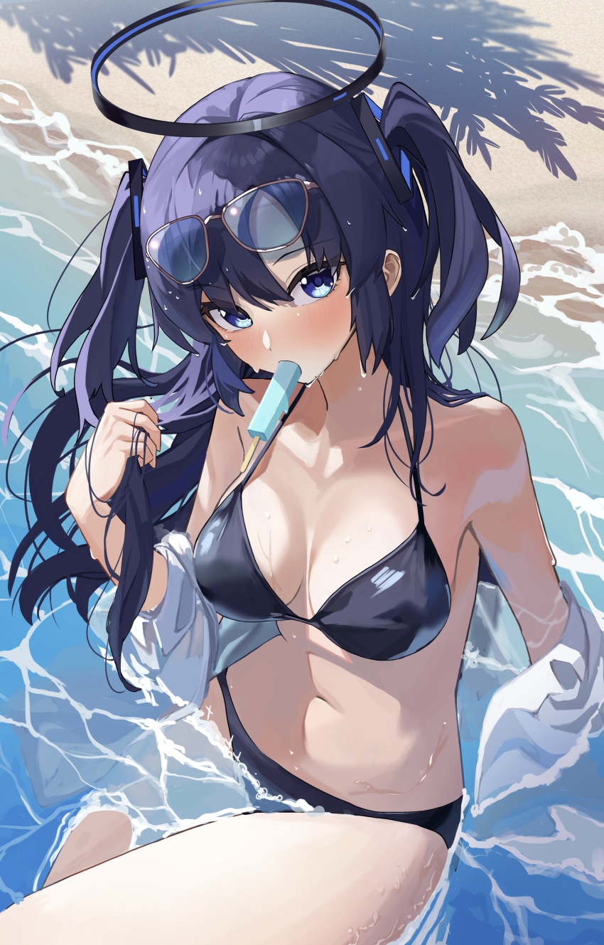 1girl absurdres beach bikini black_bikini blue_archive blue_eyes blush breasts eyewear_on_head food highres large_breasts long_hair looking_at_viewer mouth_hold navel off_shoulder outdoors partially_submerged popsicle purple_hair shirt sitting sukoyaka_konbu swimsuit thighs wet wet_clothes white_shirt yuuka_(blue_archive)