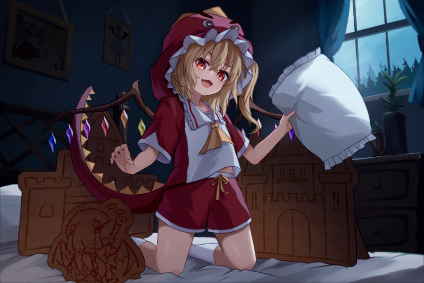 1girl adapted_costume animal_hood ascot bed_sheet blonde_hair child chunjiu claw_pose collarbone crossed_bangs crystal curtains dark_background dragon_tail drawstring evil_smile fake_tail fangs flandre_scarlet floating_clothes forest frilled_pillow frilled_shirt_collar frills hair_between_eyes head_tilt highres holding holding_pillow hood hoodie indoors kneehighs kneeling long_hair nature night night_sky on_bed one_side_up open_mouth pillow plant potted_plant red_eyes red_hoodie red_shorts sailor_collar shorts sidelocks skin_fangs sky slit_pupils smile socks tail touhou two-tone_hoodie v-shaped_eyebrows white_hoodie white_sailor_collar white_socks window wings yellow_ascot
